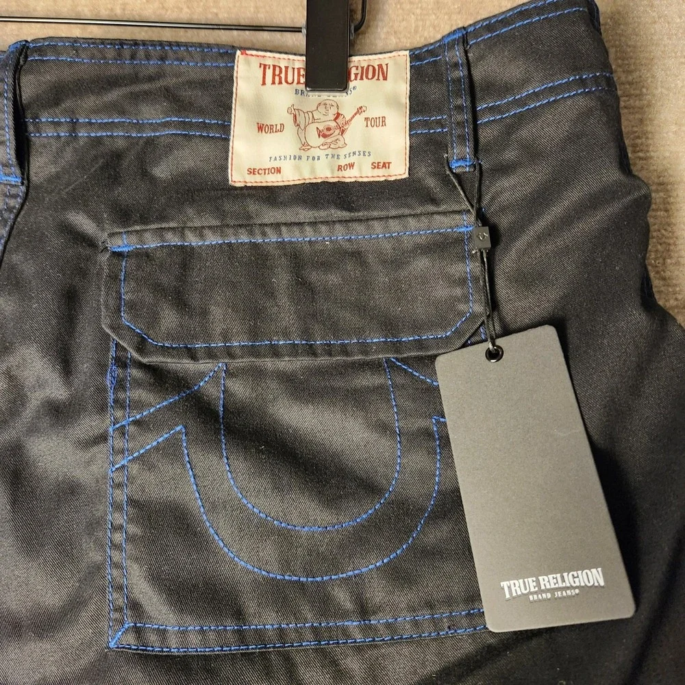 True Religion Cargo Pants‎ Mens Black Blue Contrast Stitch Utility Workwear